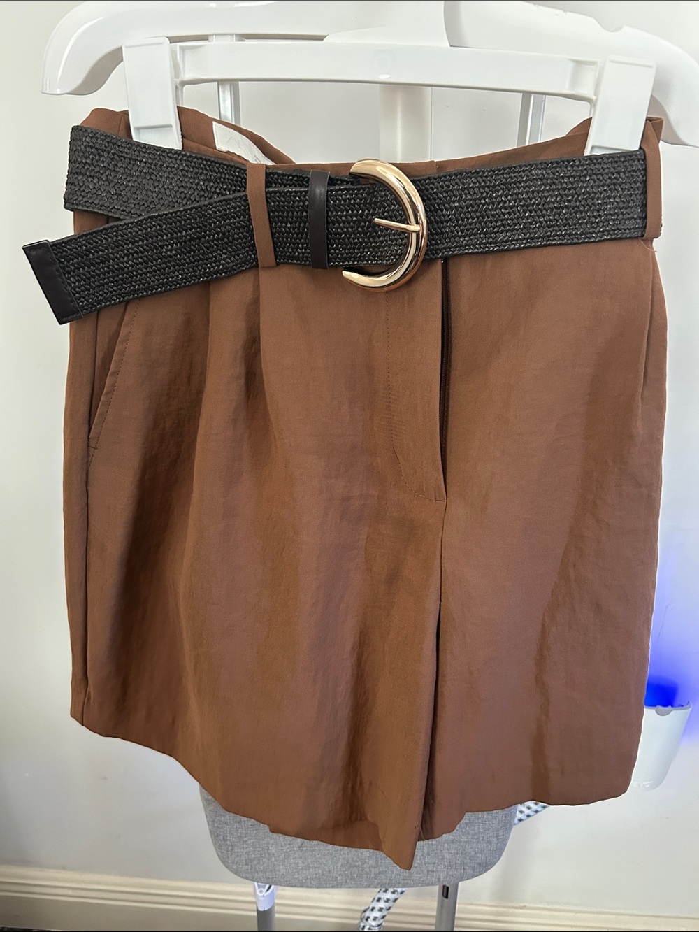 Zara Brown High-Waist Mini Shorts with Black Woven Belt and Gold Buckle